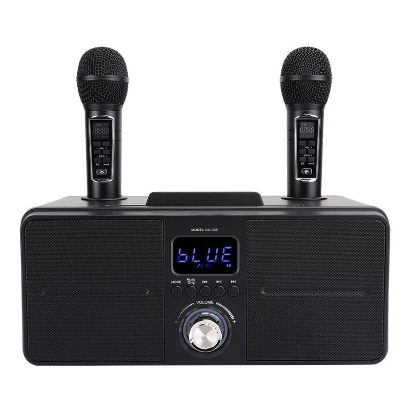 SDRD SD-309 bluetooth колонка-караоке с двумя беспроводными микрофонами, USB, AUX, онлайн караоке, мощность 30 Вт (черная)